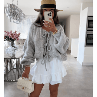 Bernice - Oversized Strickjacke - Schleifenverschluss - Strickwaren - Grau - Müller Mode