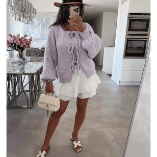 Bernice - Oversized Strickjacke - Schleifenverschluss - Strickwaren - Lila - Müller Mode