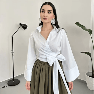 Charissa - Langärmelige Kimono - Bluse - Breiter Fliegengürtel - Bluse - Marineblau - Müller Mode