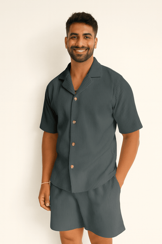 Christian Geripptes Hemd - und - Shorts Set - Set - Dunkelgrau - Müller Mode