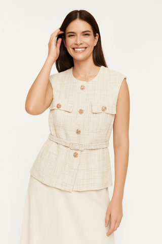 Elly Bouclé Weste mit Goldknöpfen - Jacken - Beige - Müller Mode