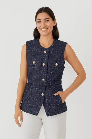 Elly Bouclé Weste mit Goldknöpfen - Jacken - Marineblau - Müller Mode