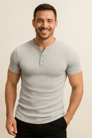 Emiel Geripptes Kurzarm - Henley - Shirt - Hemden - Grau - Müller Mode