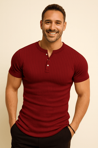 Emiel Geripptes Kurzarm - Henley - Shirt - Hemden - Rot - Müller Mode