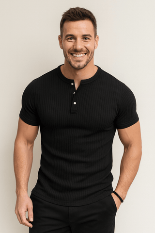 Emiel Geripptes Kurzarm - Henley - Shirt - Hemden - Schwarz - Müller Mode