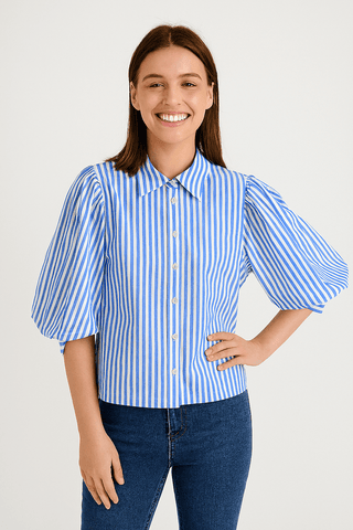 Francien Bluse gestreift mit Puffärmeln - Bluse - Blau - Müller Mode