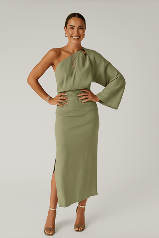Frieda One - Shoulder Midikleid mit Beinschlitz - Kleider - Grun - Müller Mode