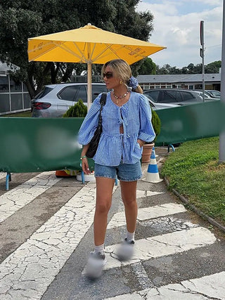 Jemima - Trendy gestreifte Bluse - Puffärmel - Bluse - Blau Weiß - Müller Mode