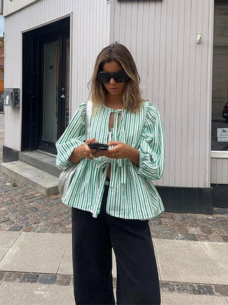 Jemima - Trendy gestreifte Bluse - Puffärmel - Bluse - Grün Weiß - Müller Mode