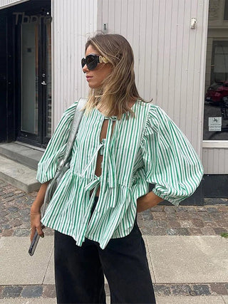 Jemima - Trendy gestreifte Bluse - Puffärmel - Bluse - Grün Weiß - Müller Mode