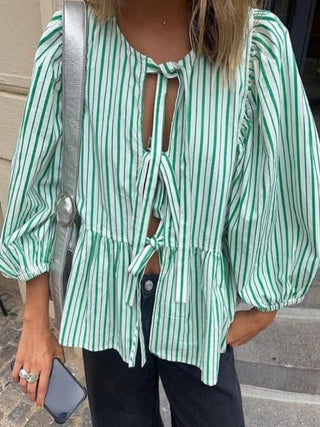 Jemima - Trendy gestreifte Bluse - Puffärmel - Bluse - Grün Weiß - Müller Mode