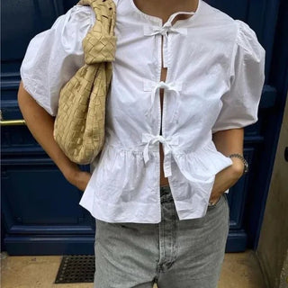 Jemima - Trendy gestreifte Bluse - Puffärmel - Bluse - Weiß - Müller Mode
