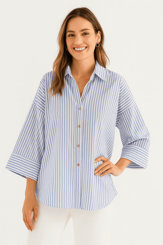 Jolie Oversize Bluse gestreift mit Knöpfen - Bluse - Blau - Müller Mode