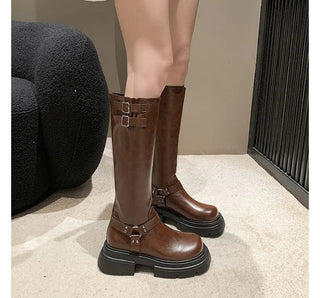 Kassandra - Kniehohe Retro - Stiefel - Gürtelschnalle Design - Stiefel - Braun lang - Müller Mode