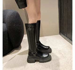 Kassandra - Kniehohe Retro - Stiefel - Gürtelschnalle Design - Stiefel - Schwarz lang - Müller Mode