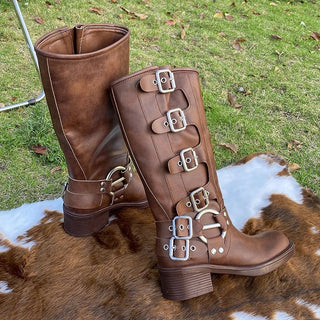 Kassandra - Kniehohe Retro - Stiefel - Gürtelschnalle Design - Stiefel - Schwarz lang - Müller Mode