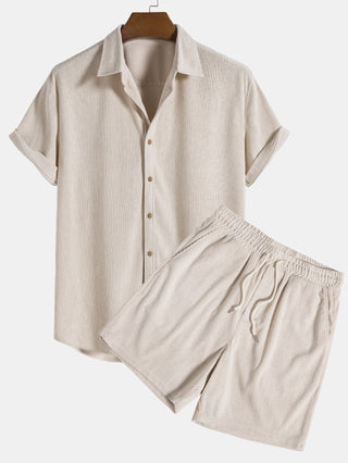Klaus Texturiertes Kurzarmhemd und Shorts Set - Sets - Beige - Müller Mode