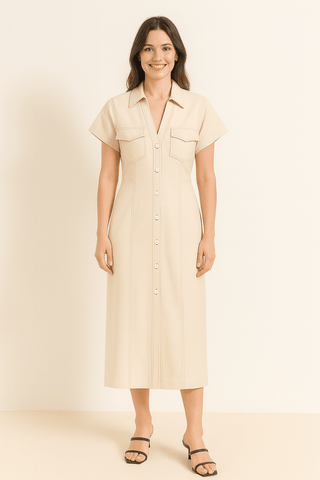 Lucie Midi - Hemdkleid mit Knopfleiste und Raffung - Kleider - Beige - Müller Mode