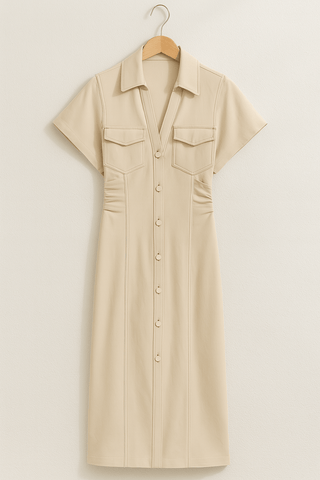 Lucie Midi - Hemdkleid mit Knopfleiste und Raffung - Kleider - Beige - Müller Mode