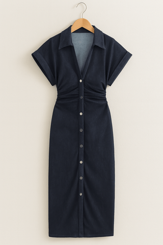 Lucie Midi - Hemdkleid mit Knopfleiste und Raffung - Kleider - Marineblau - Müller Mode