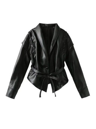 Madonna - Lederjacke mit Gürtel - Crop - Stil - Lederjacken - Schwarz - Müller Mode