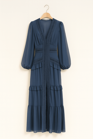 Merel Maxikleid mit Rüschen und V - Ausschnitt - Kleider - Blau - Müller Mode