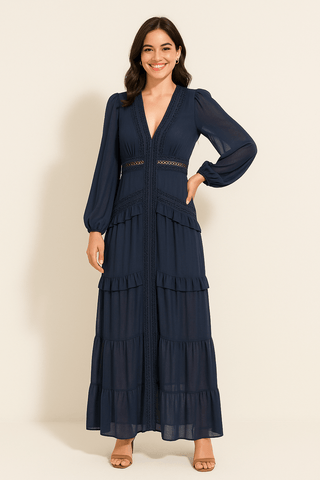 Merel Maxikleid mit Rüschen und V - Ausschnitt - Kleider - Blau - Müller Mode