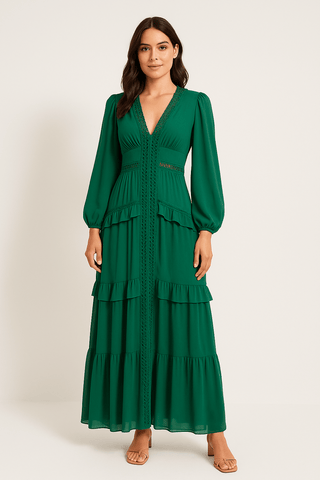 Merel Maxikleid mit Rüschen und V - Ausschnitt - Kleider - Grün - Müller Mode