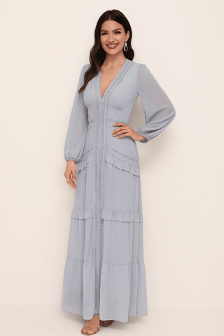Merel Maxikleid mit Rüschen und V - Ausschnitt - Kleider - Hellblau - Müller Mode