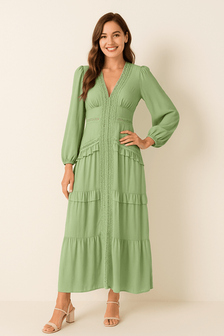Merel Maxikleid mit Rüschen und V - Ausschnitt - Kleider - Hellgrün - Müller Mode