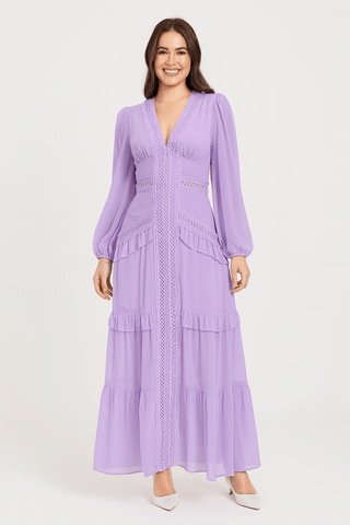 Merel Maxikleid mit Rüschen und V - Ausschnitt - Kleider - Lila - Müller Mode
