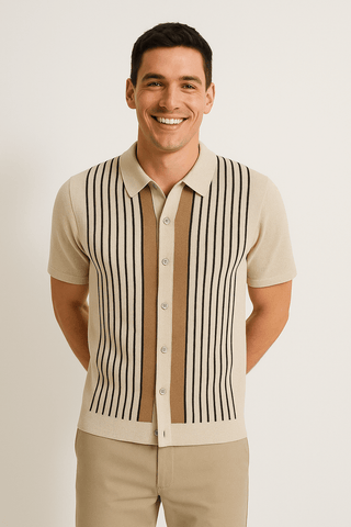 Nathan Strickpoloshirt Kurzarm mit Streifen - Polos - Beige - Müller Mode