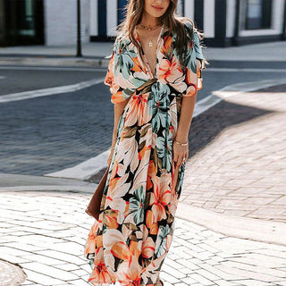 Philine - Maxi Kleid - Blumen und Schlitz - Kleider - Orange - Müller Mode