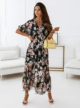Saskia - Kleid - V - Ausschnitt Blumenmuster - Kleider - Schwarz - Müller Mode