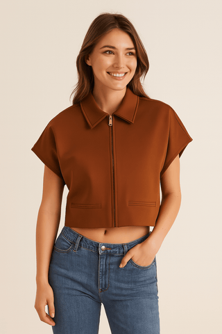 Shirley Kurzarm Zip - Jacke Schwarz mit Kragen - Tops - Braun - Müller Mode