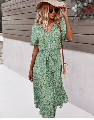 Svea - Sommerkleid - Knopfleiste und Gürtel - Kleider - Grün - Müller Mode