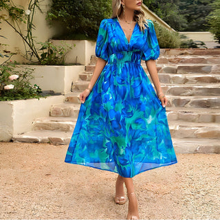 Theresa - Midikleid mit V - Ausschnitt - Sommerkleid - Kleider - Blau - Müller Mode