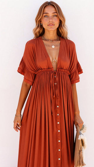 Viktoria - Boho - Maxikleid - fließender, bequemer Stil - Kleider - Rot Orange - Müller Mode