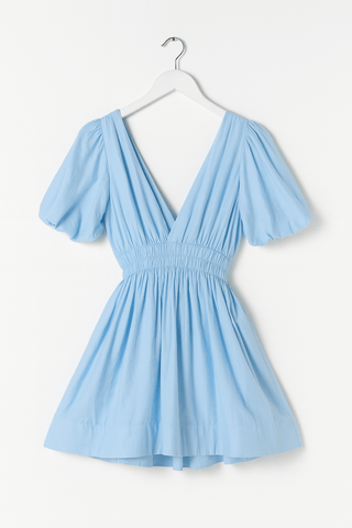 Yasmin Minikleid mit Puffärmeln und tiefem V - Ausschnitt - Kleider - Blau - Müller Mode