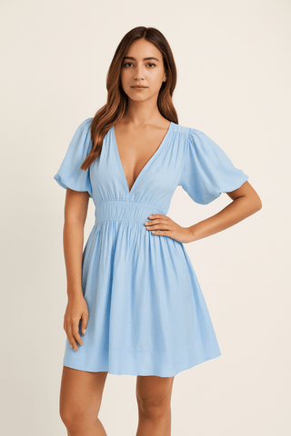 Yasmin Minikleid mit Puffärmeln und tiefem V - Ausschnitt - Kleider - Blau - Müller Mode